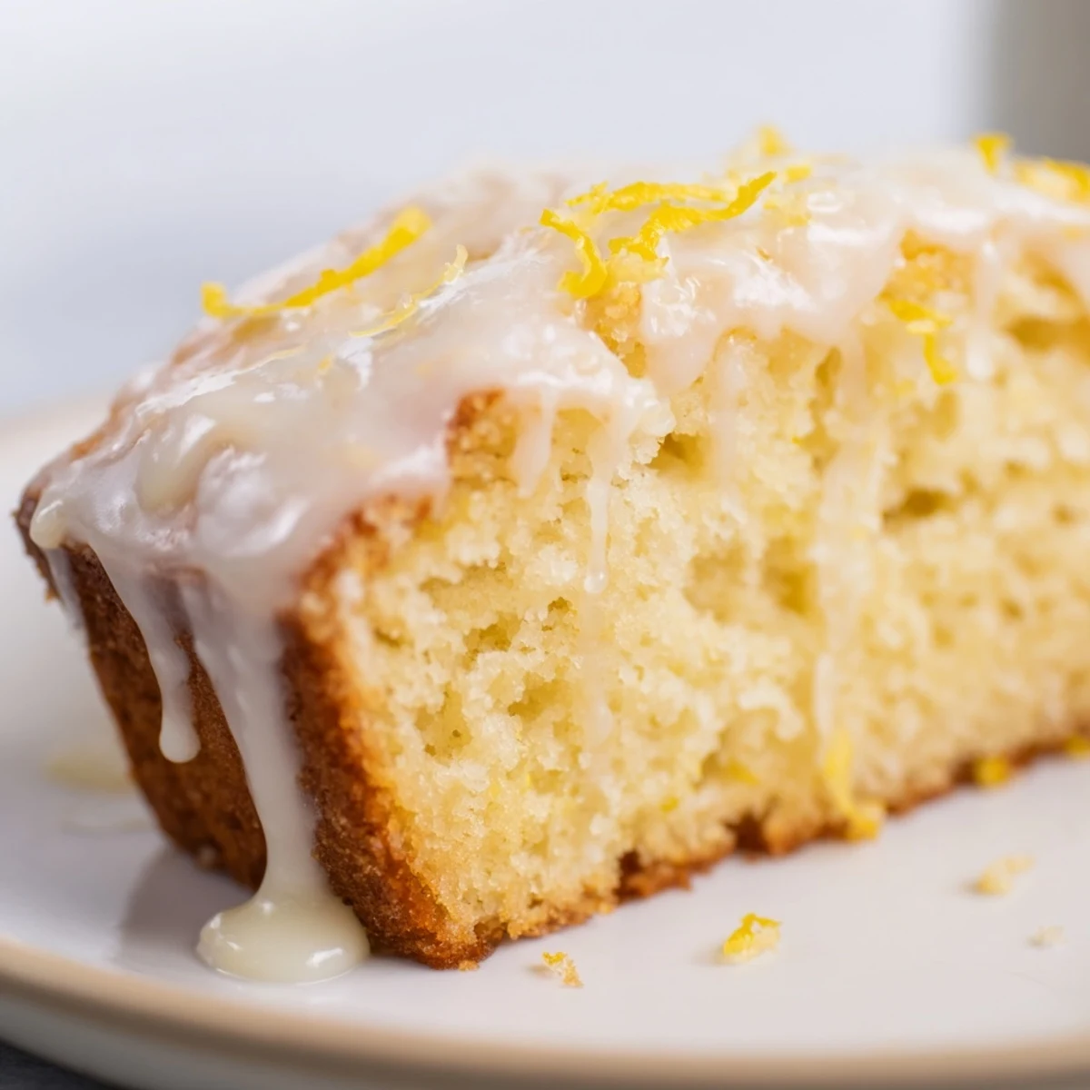 Golden glazed Greek yogurt lemon loaf slices on a wooden cutting board
