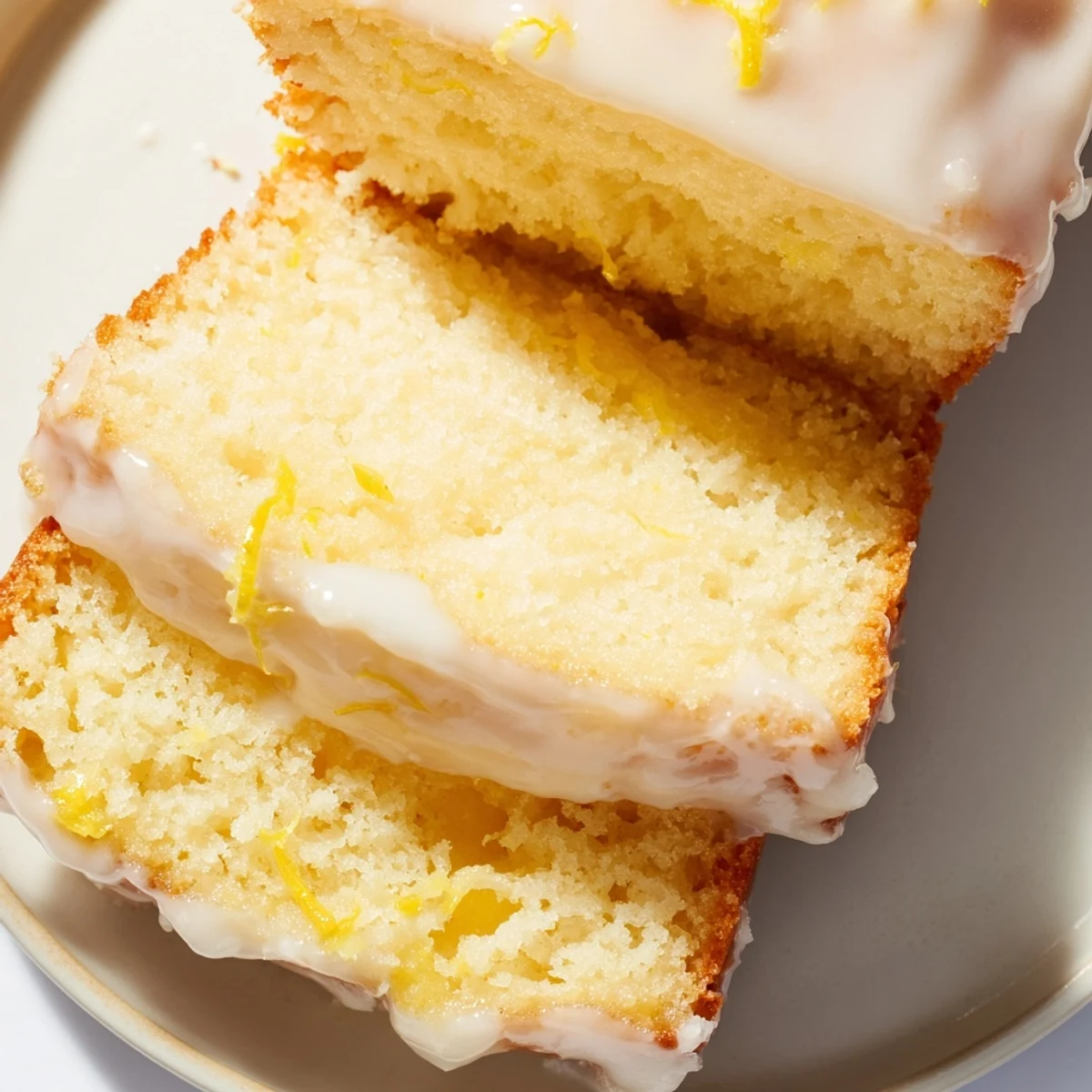 Thick slice of tangy Greek yogurt lemon loaf on a white plate