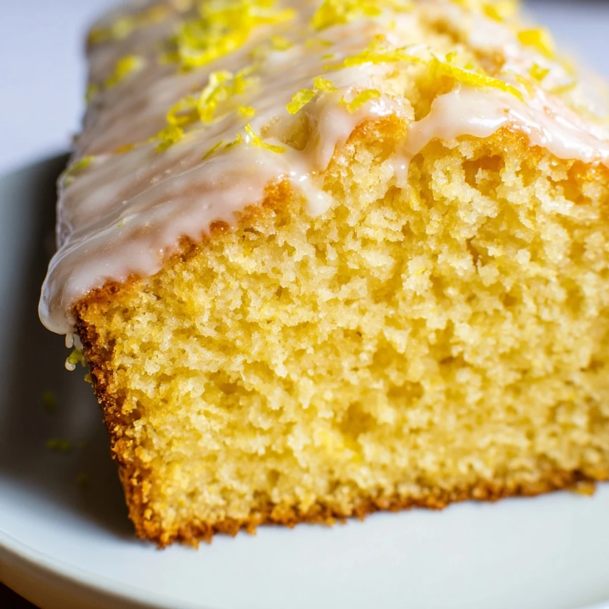 Drizzled Greek yogurt lemon loaf cake with powdered sugar and lemon zest garnish