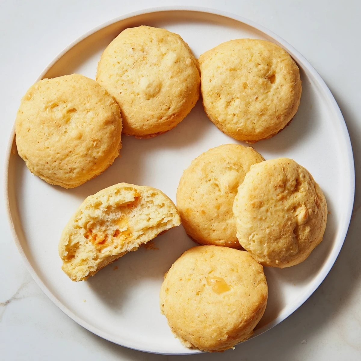 Golden brown high protein breakfast biscuits fresh from the oven with a fluffy texture and melted cheddar cheese topping