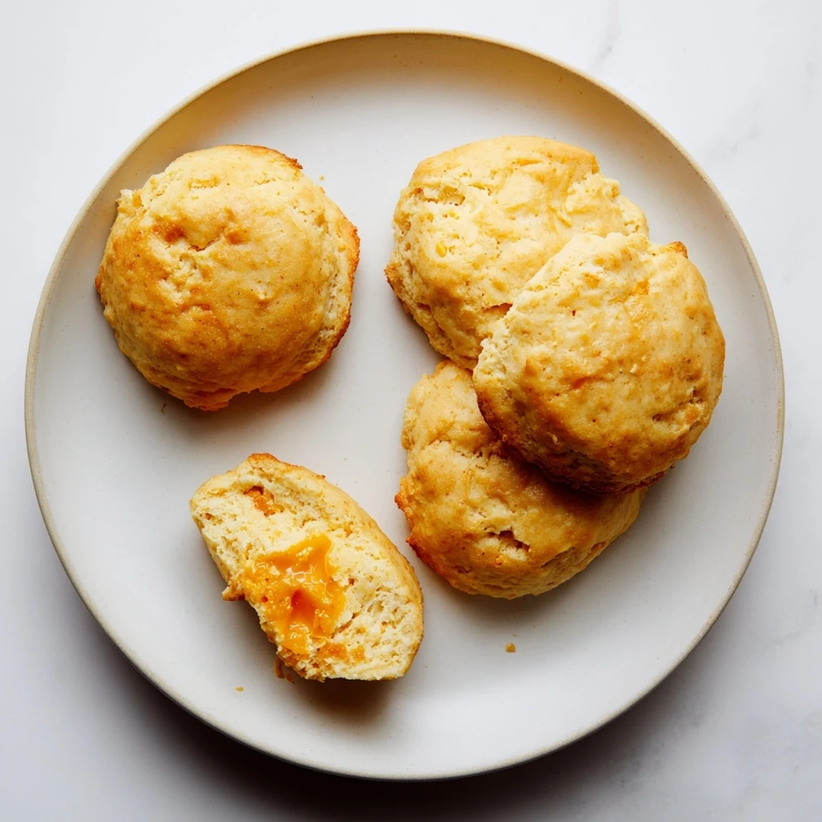 Fluffy homemade breakfast protein biscuits split open revealing soft interior, perfect alongside scrambled eggs or spread with nut butter