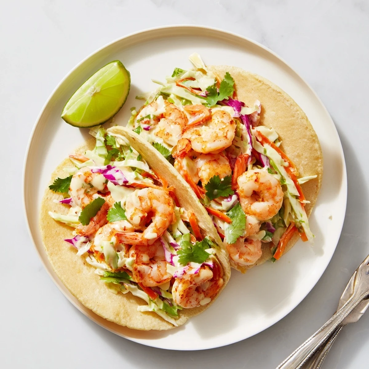 Fresh shrimp tacos with slaw piled high with tangy purple green cabbage blend and tender spiced seafood