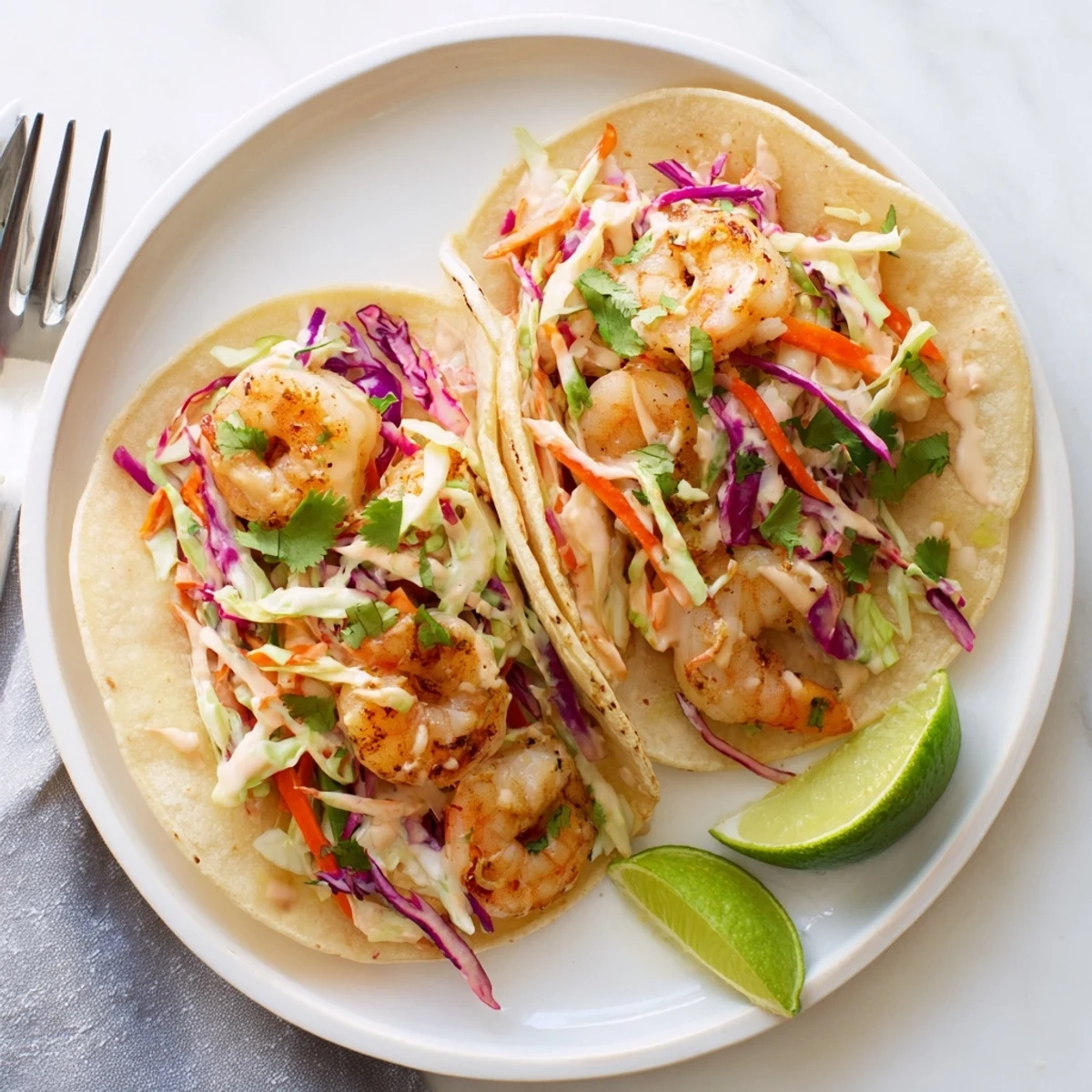 Platter of Mexican shrimp tacos with slaw garnished with lime wedges fresh cilantro and creamy dressed vegetables