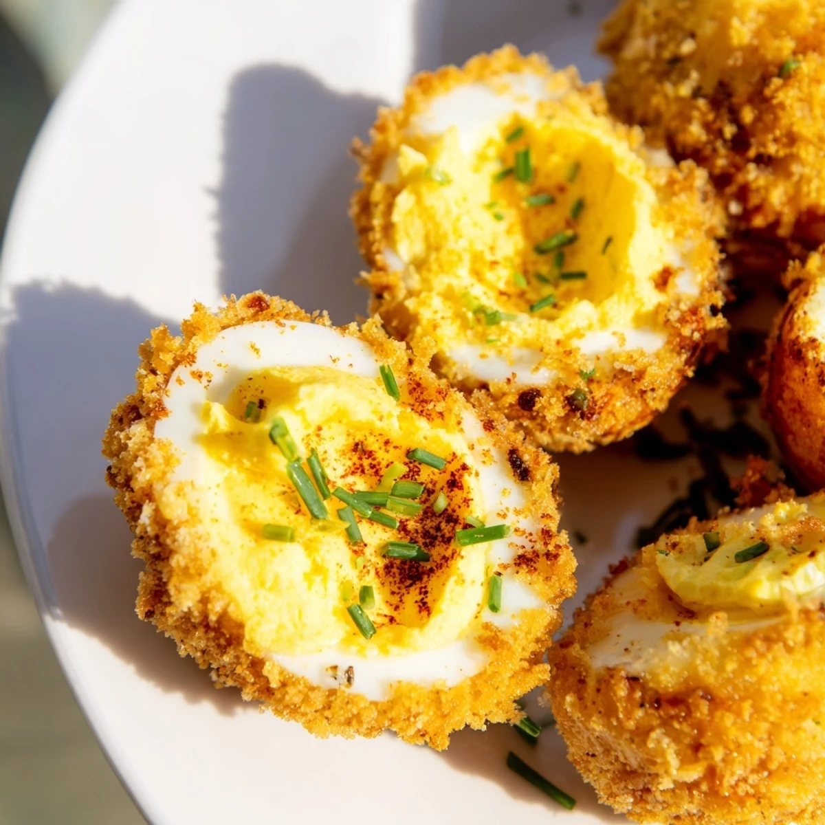 Golden fried deviled eggs with crispy panko coating and creamy yolk filling