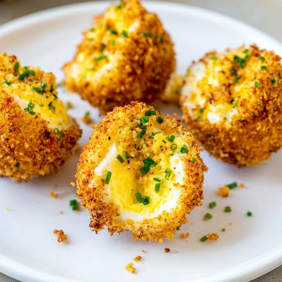 Crispy breaded deviled eggs topped with fresh chives on a white serving plate