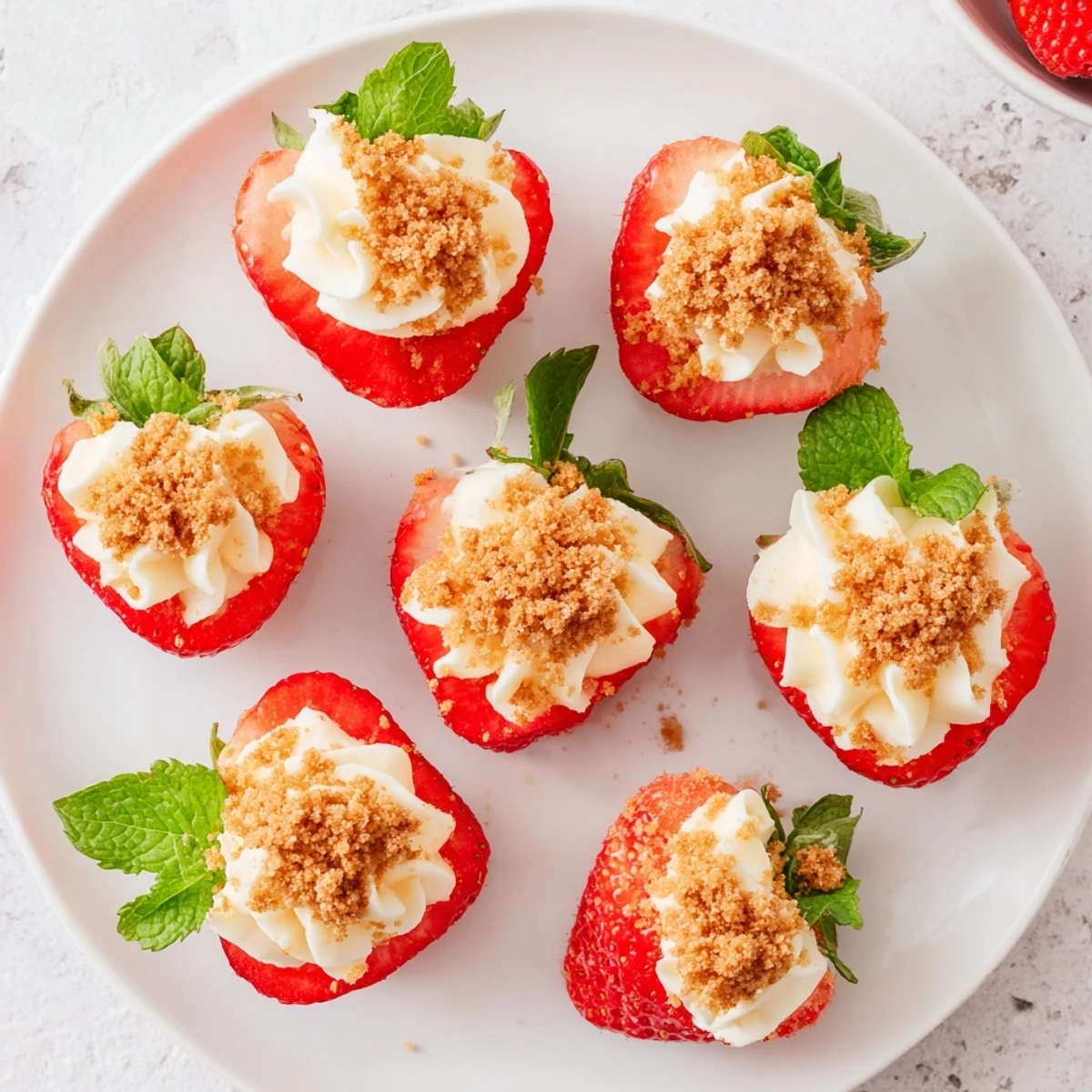 Fresh strawberries piped with creamy cheesecake filling and topped with graham cracker crumbs