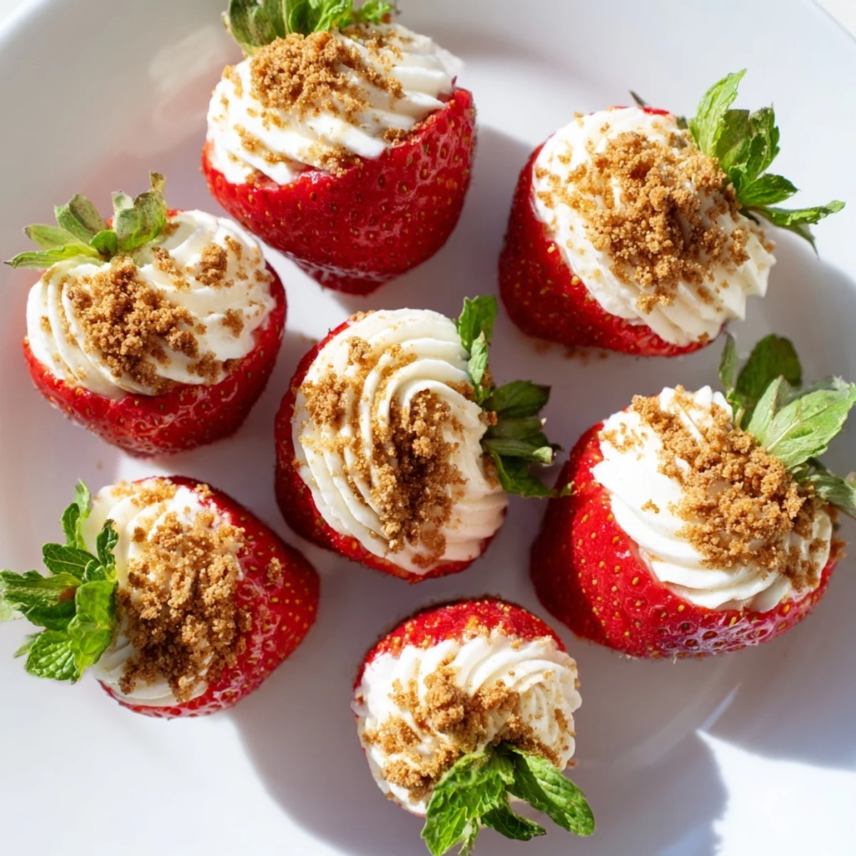 Sweetheart cheesecake deviled strawberries arranged on serving platter with mint garnish