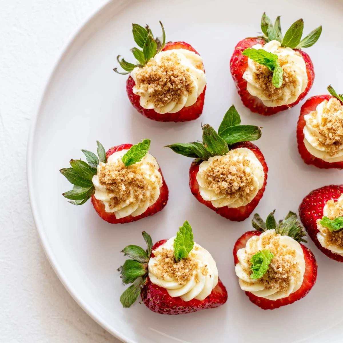 Hollowed strawberries filled with light vanilla cheesecake mixture and chocolate chip topping