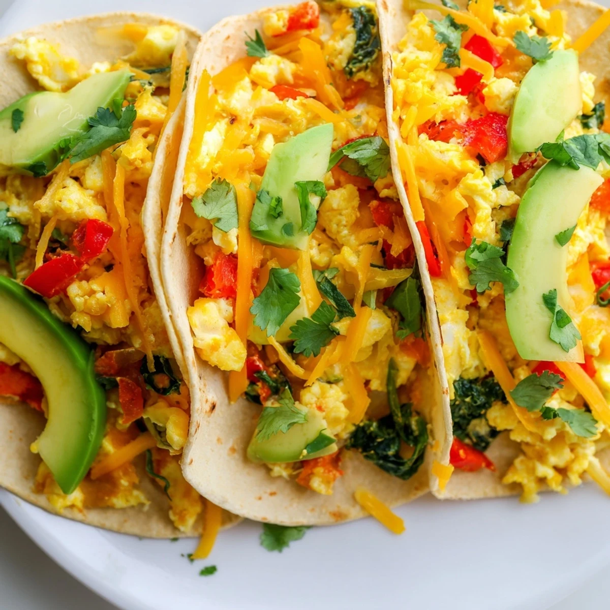 Golden baked breakfast tacos filled with fluffy eggs, melted cheese, and colorful vegetables