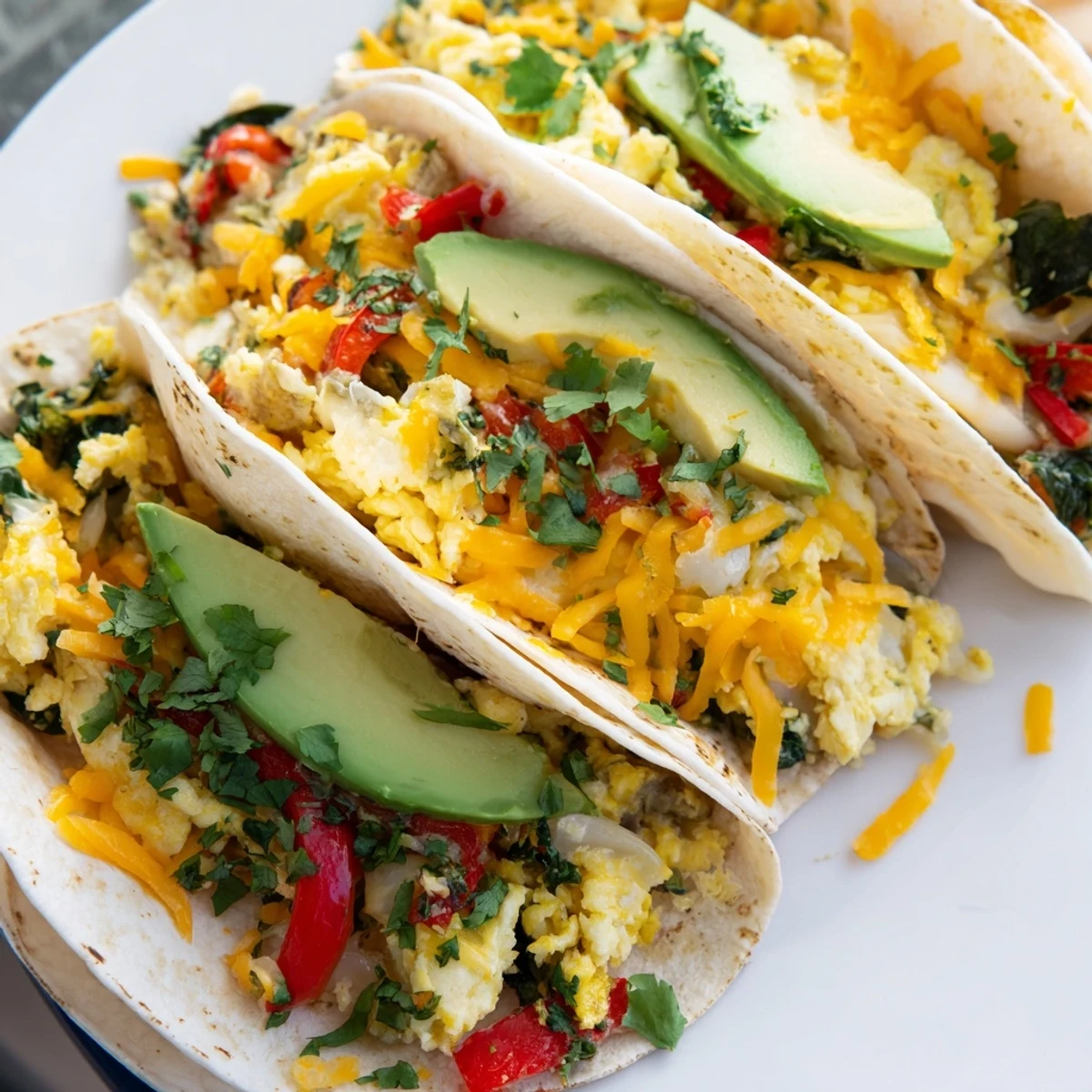 Crispy cheesy breakfast tacos arranged on baking sheet with vibrant bell pepper filling