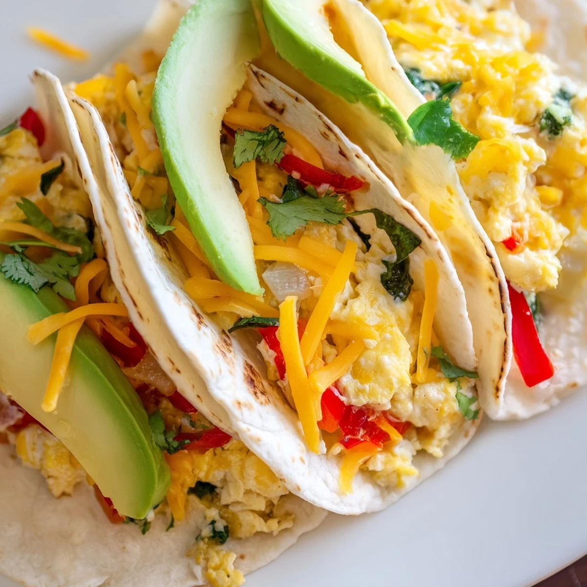 Oven-baked breakfast tacos topped with fresh avocado, salsa, and cilantro garnish