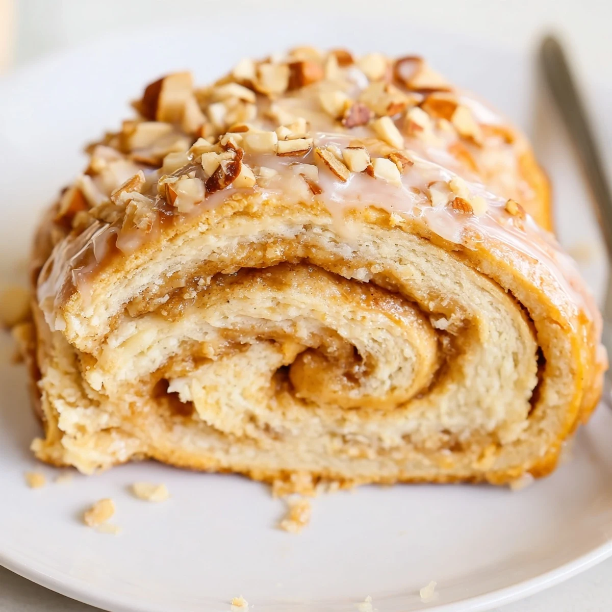 Almond Cream Cheese Rolls steaming on a baking dish, glossy almond glaze  