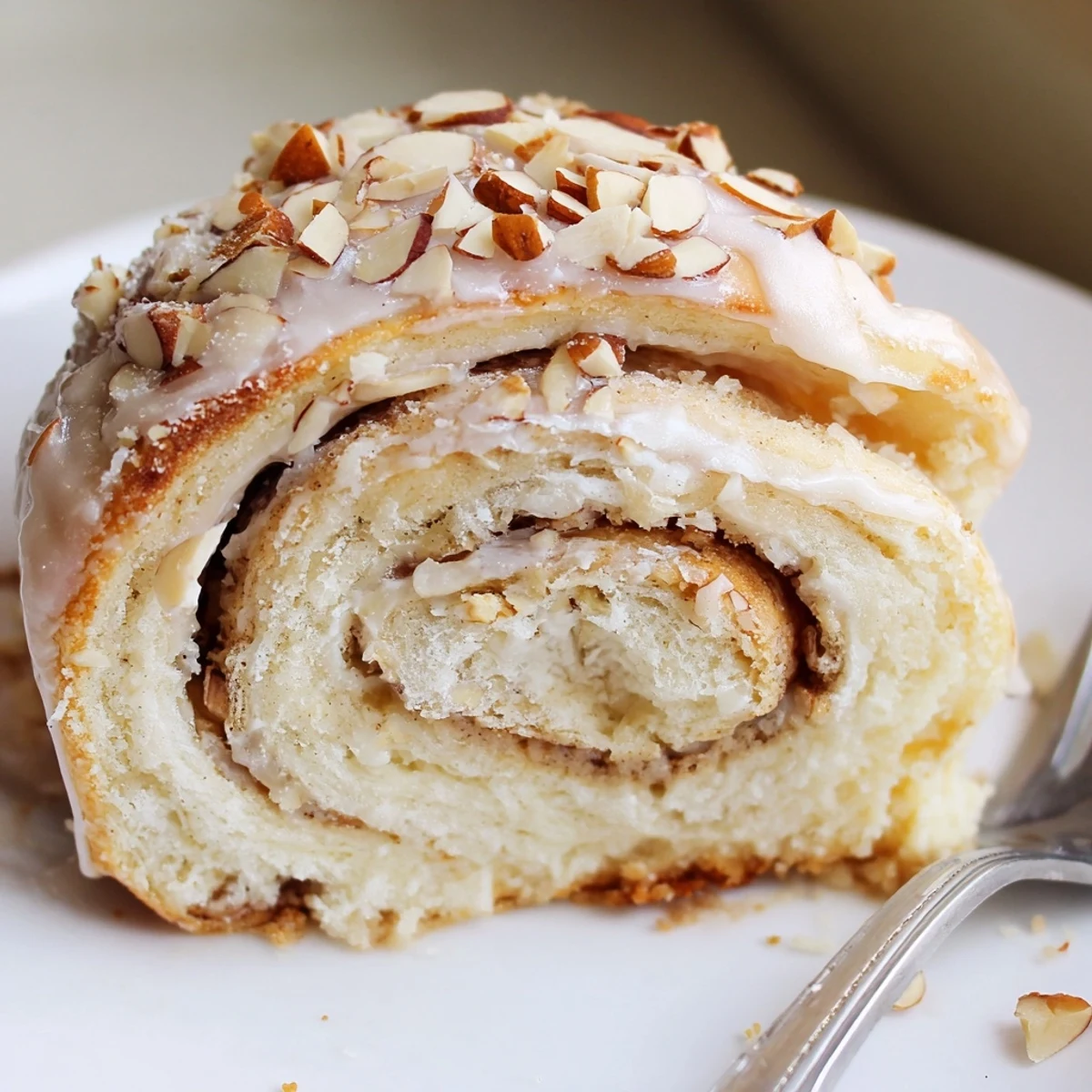 Sliced, pillowy swirls of Almond Cream Cheese Rolls with chopped almonds  