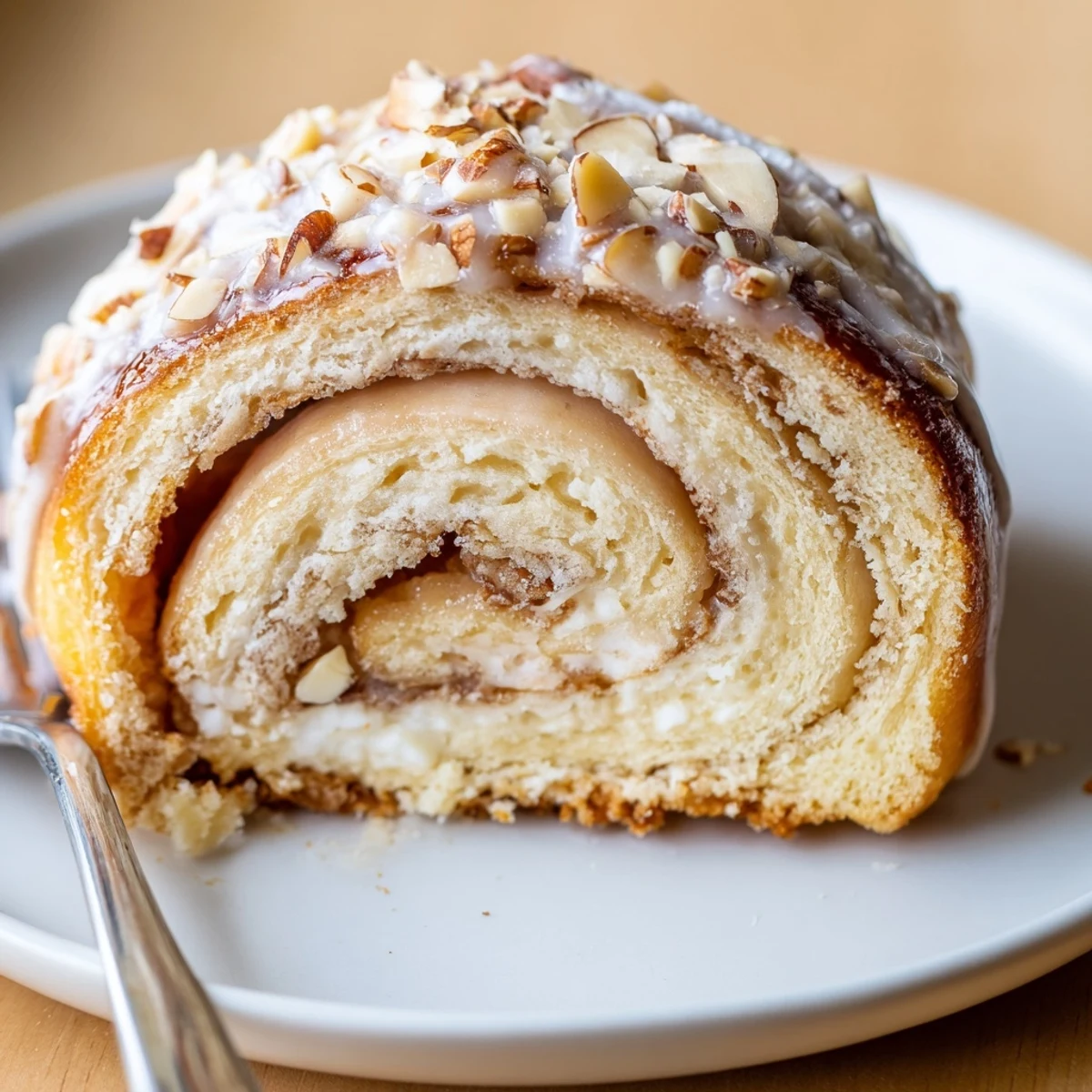 Drizzled almond glaze and toasted almond crunch top homemade Almond Cream Cheese Rolls