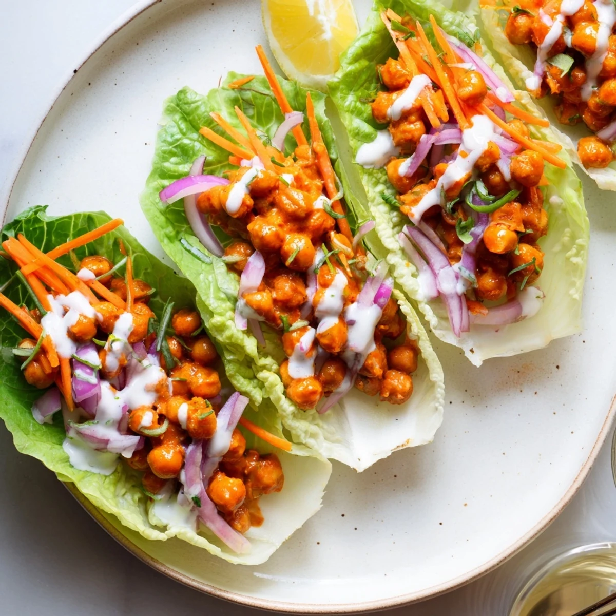Crunchy Buffalo Chickpea Lettuce Wraps with shredded carrots, celery, creamy vegan ranch