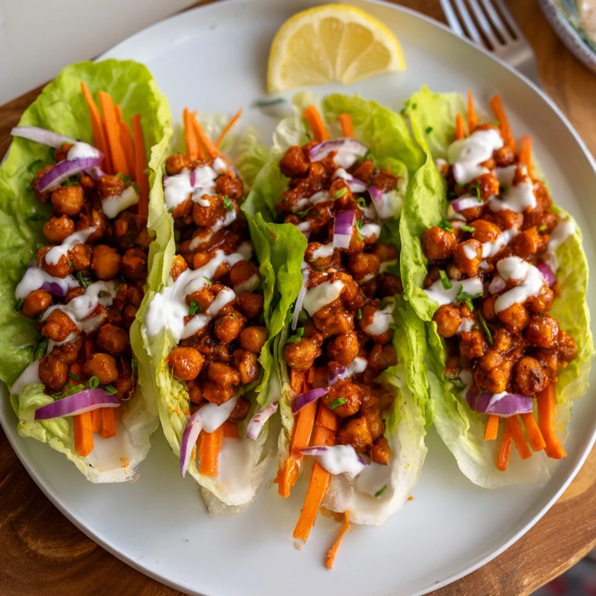 Zesty spicy chickpeas tucked inside Buffalo Chickpea Lettuce Wraps, served with lime