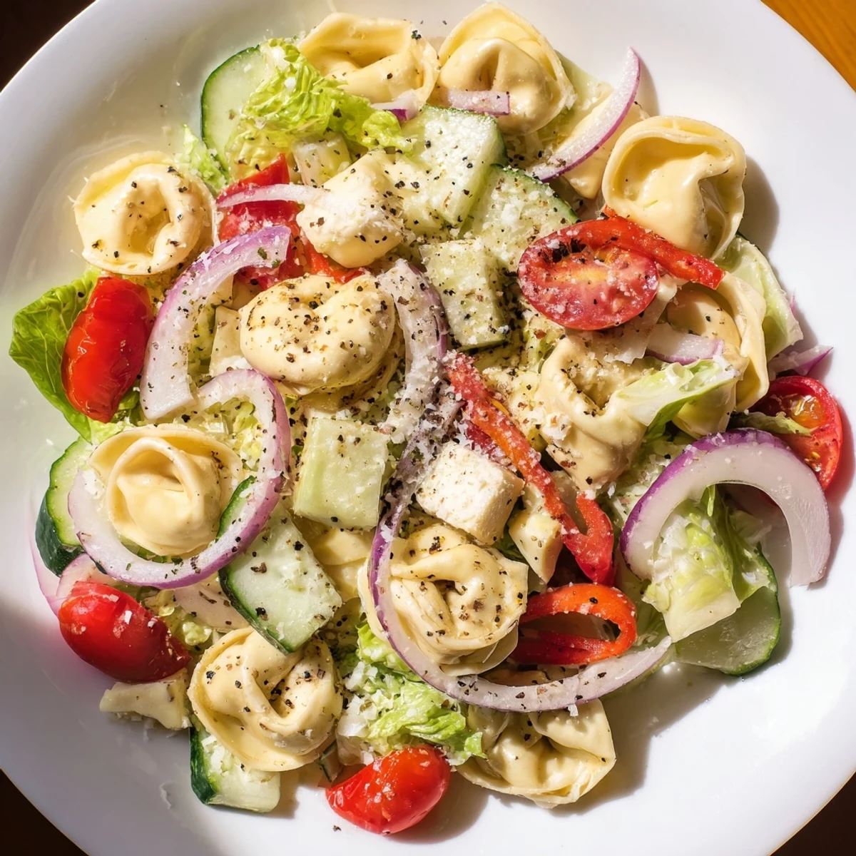 Vibrant grinder tortellini salad recipe featuring cheese tortellini, pepperoncini, cucumber, and grated Parmesan topping