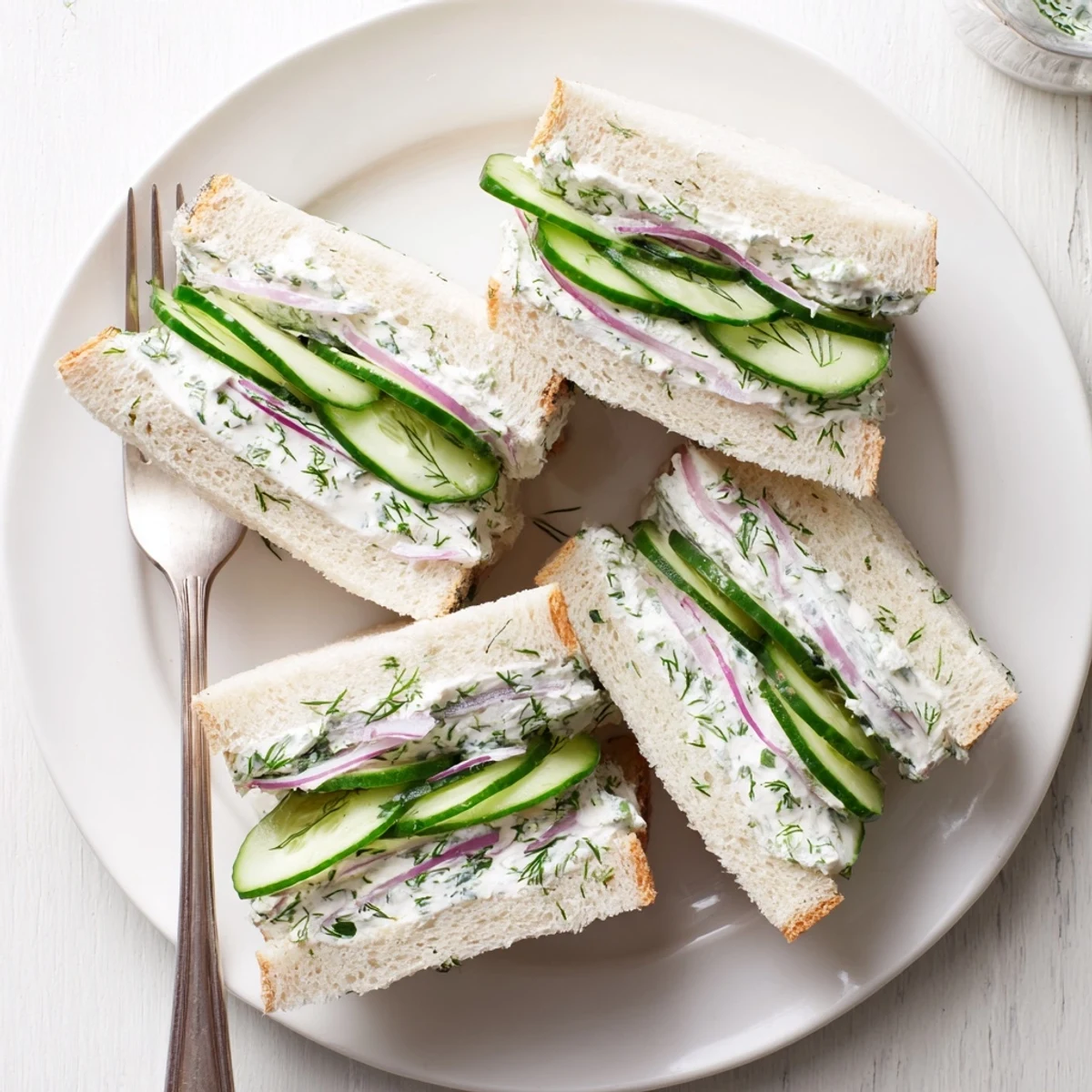 Fresh cucumber salad sandwiches with creamy herbed spread on soft white bread, cut into neat triangles for afternoon tea.