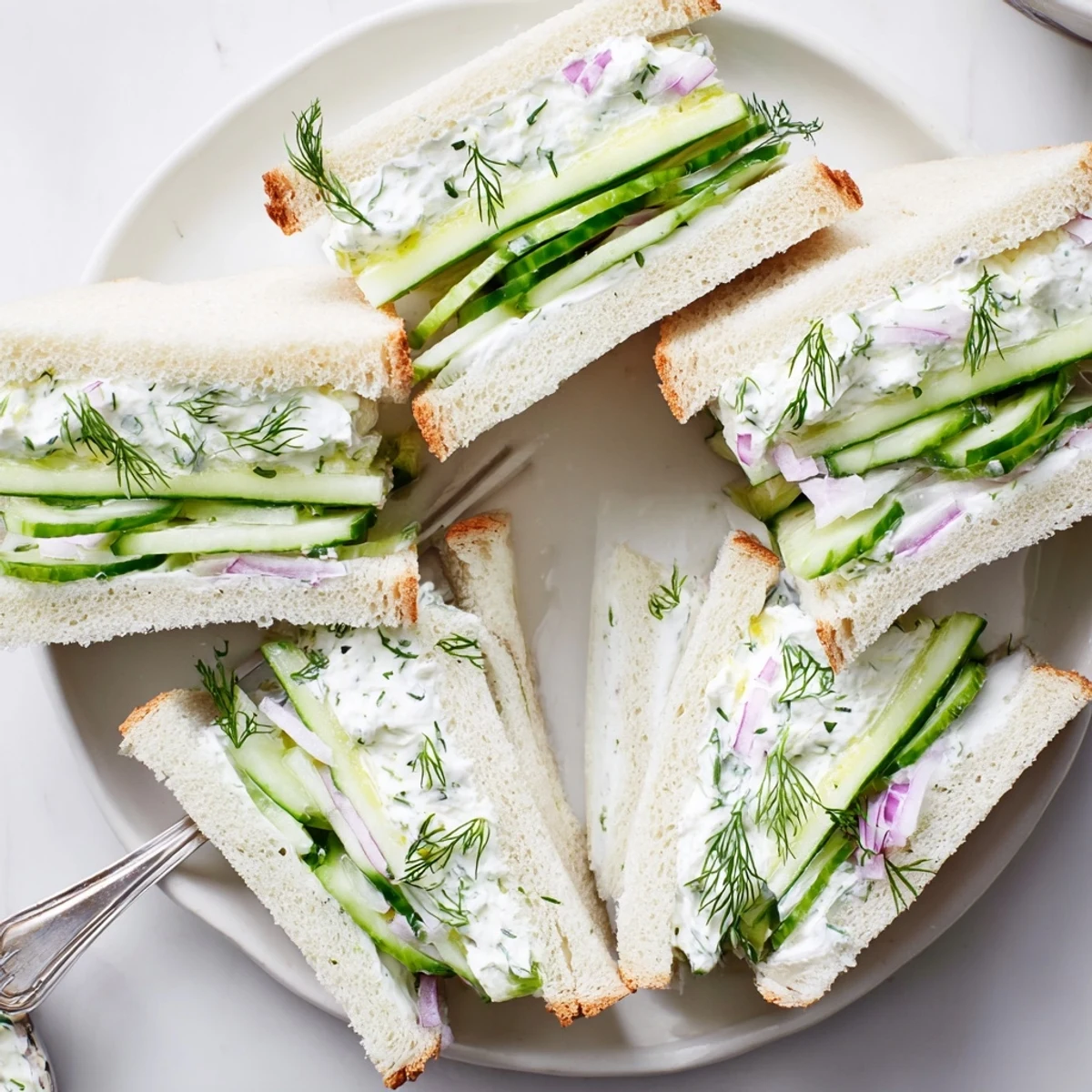 Tea-style cucumber sandwiches featuring crisp sliced cucumbers and dill cream cheese between crustless bread slices, perfect for light lunch.