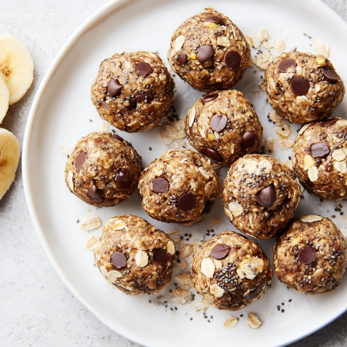 Golden banana bread energy balls rolled with dark chocolate chips and walnuts on a white plate