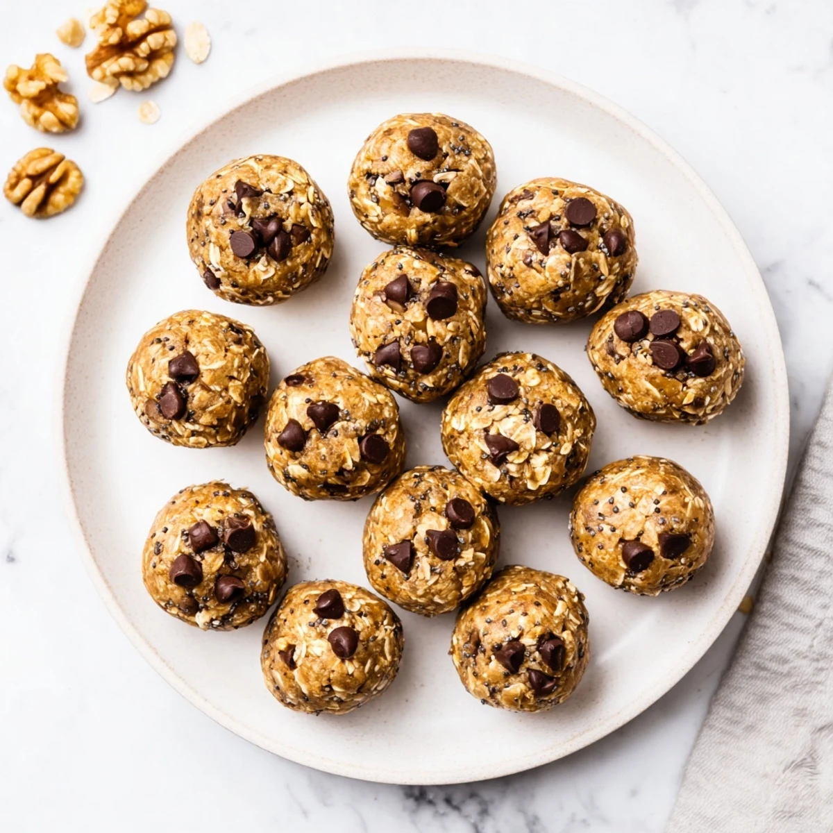 Homemade banana bread energy balls topped with chia seeds ready for quick nutritious breakfast
