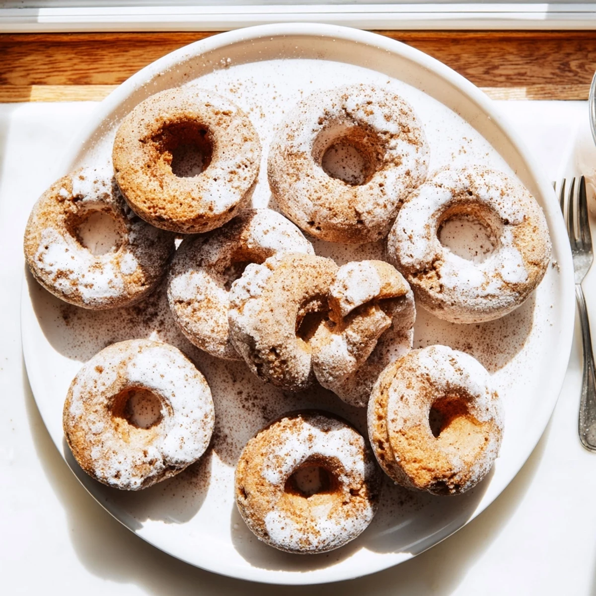 Soft baked banana bread donuts with sweet glaze drizzled over the ring-shaped breakfast treat