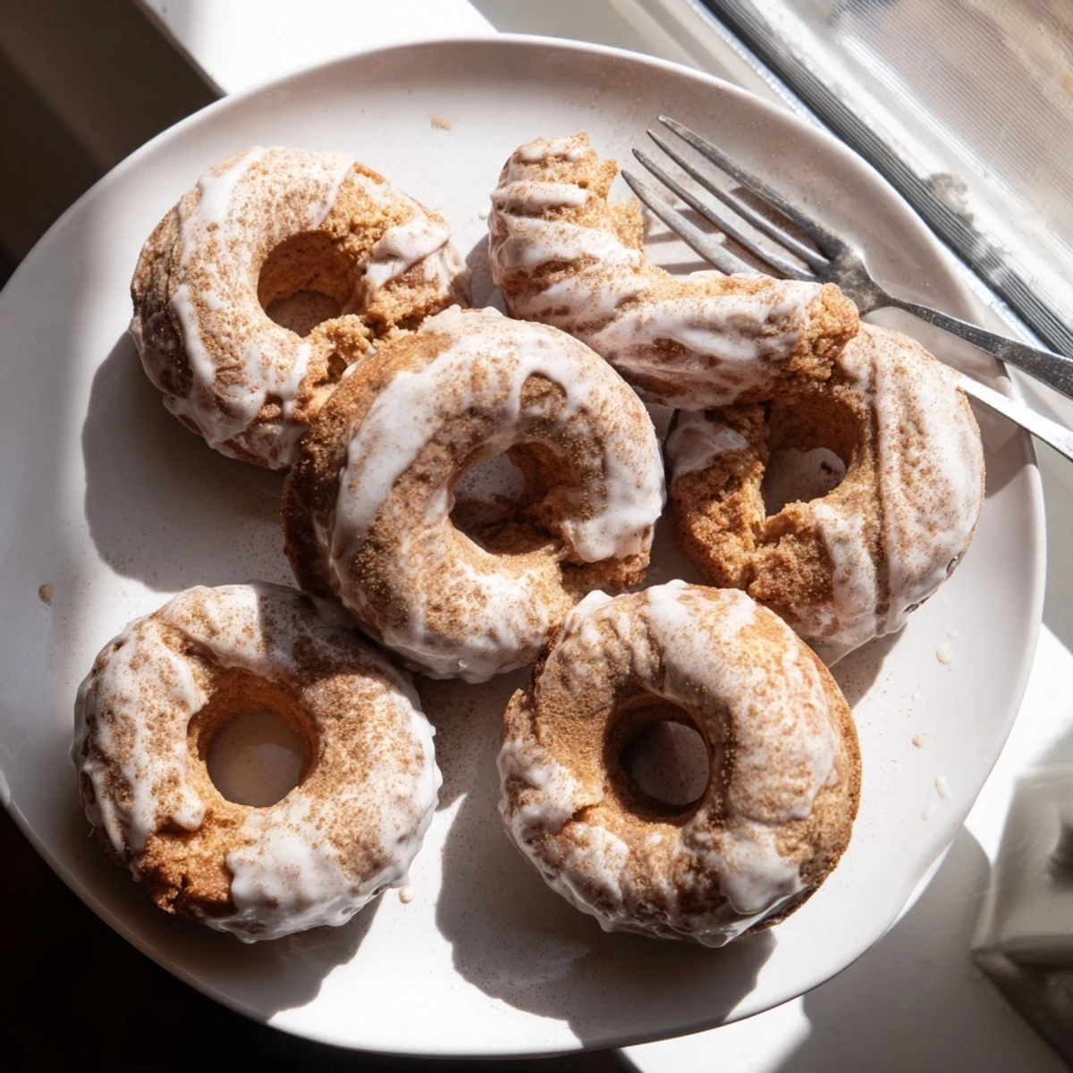 Fluffy banana bread donuts topped with white icing and cinnamon on a rustic wooden board