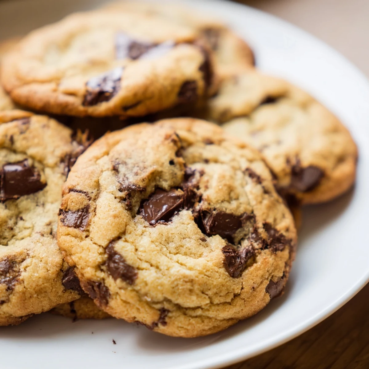 Plate of warm chewy chocolate chip cookies featuring crisp edges and gooey chocolate chunks ready for serving