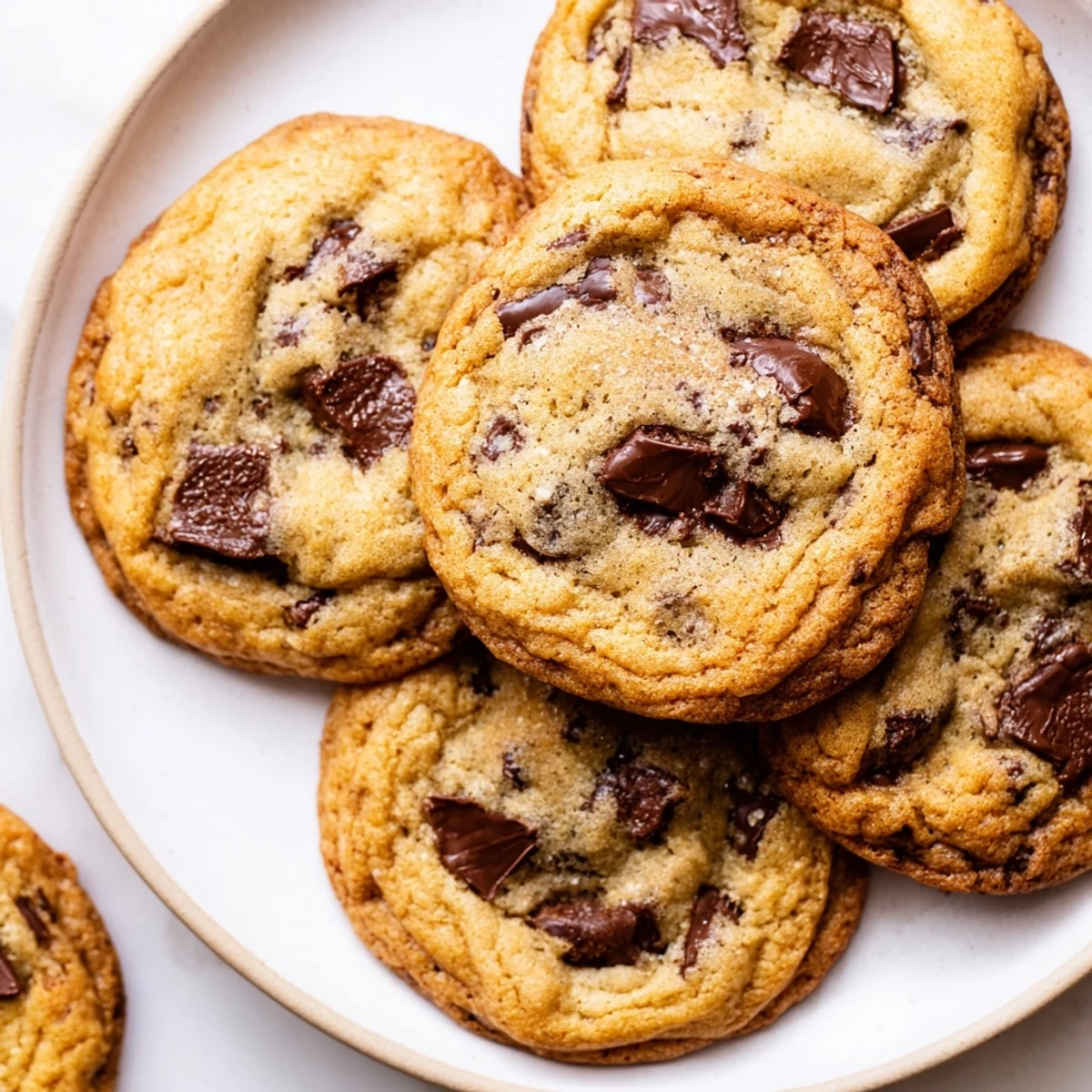 Homemade chewy chocolate chip cookies stacked high with rich pockets of semi-sweet chips and soft centers