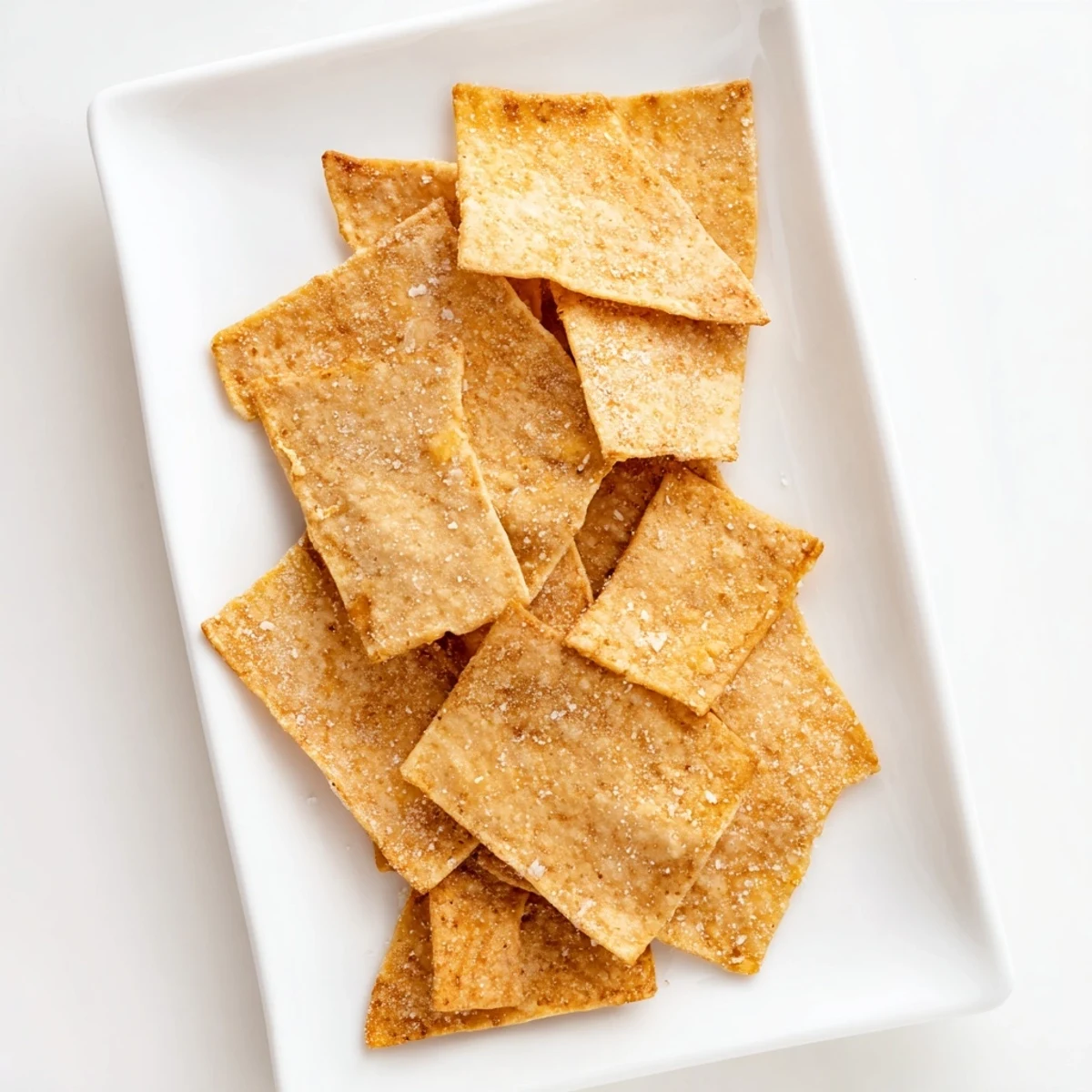 Homemade chickpea chips broken into triangles, garnished with sea salt and herbs