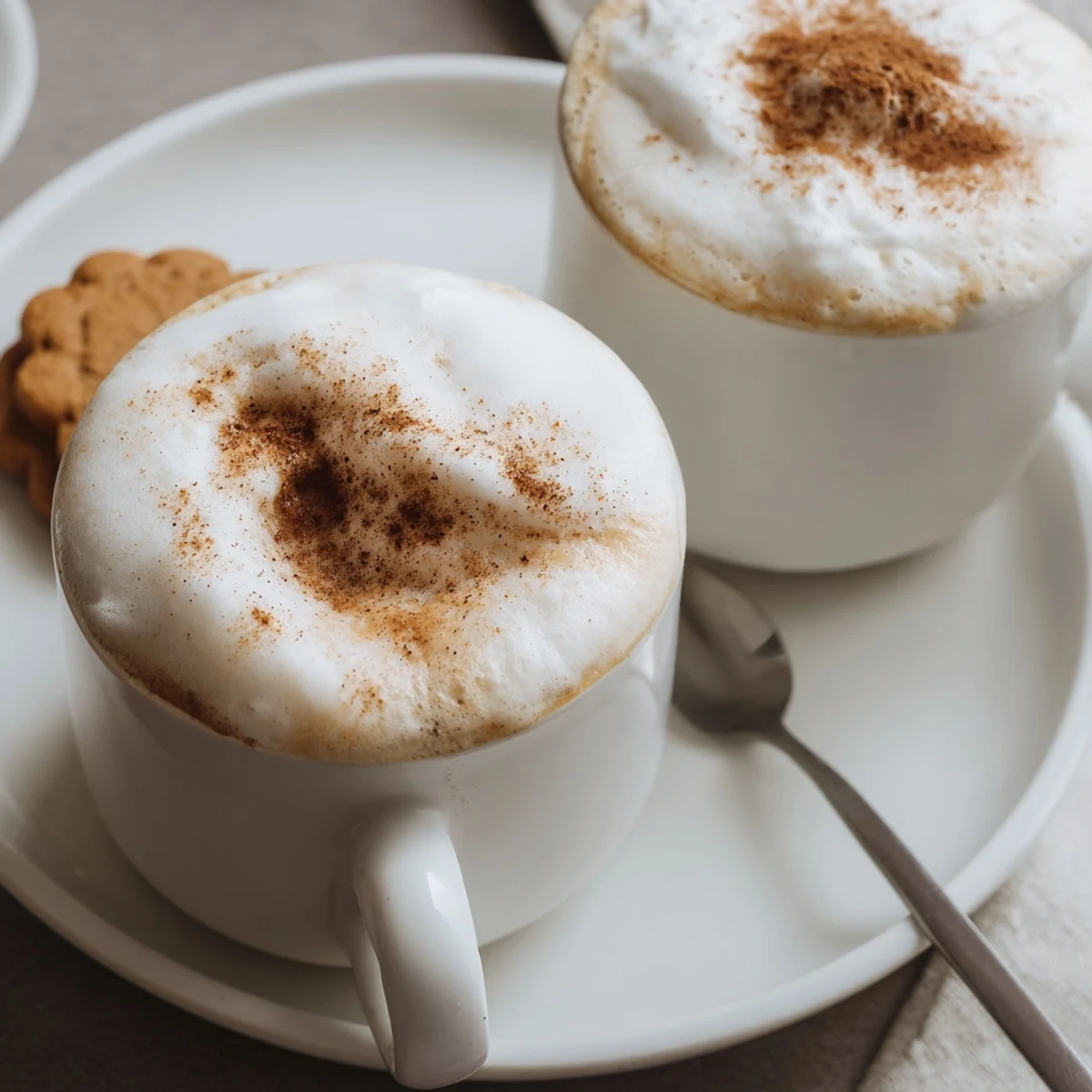 Two steaming Cozy Winter Lattes topped with whipped cream and cinnamon  