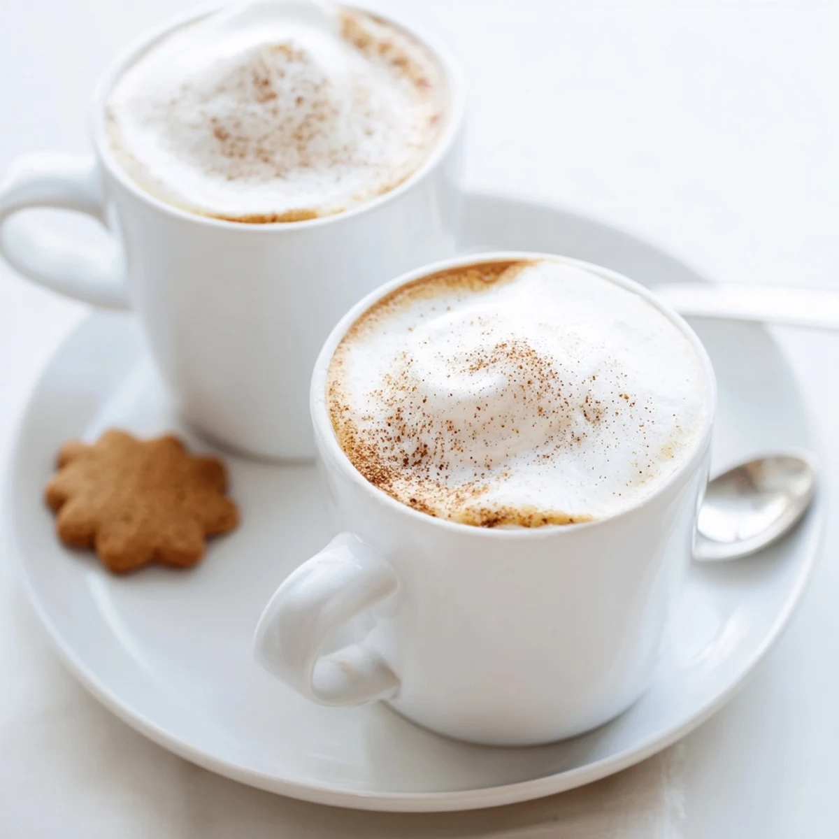 Creamy Cozy Winter Lattes flecked with nutmeg, served in rustic mugs  