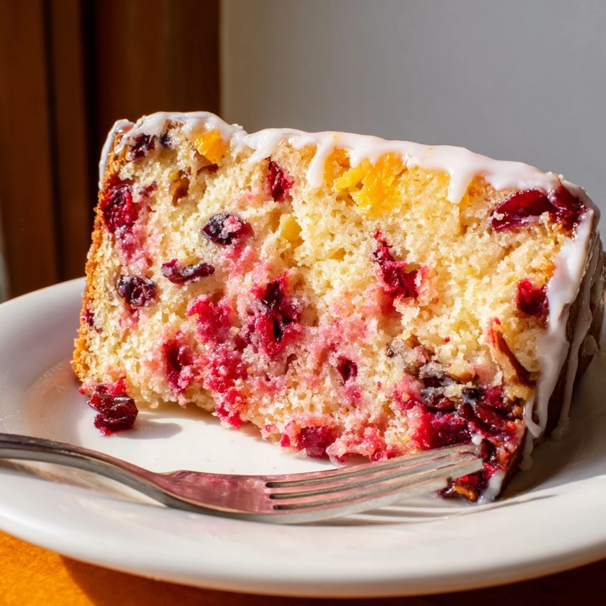Warm Cranberry Orange Bread cooling on rack, tart berries and orange zest