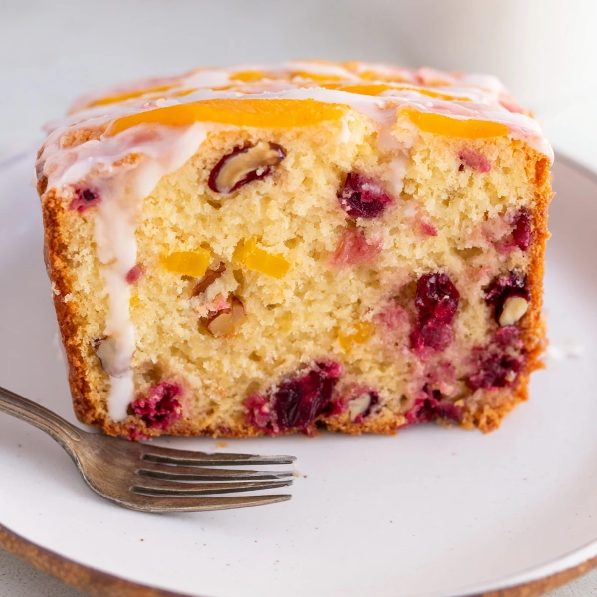 Sliced Cranberry Orange Bread drizzled with orange glaze, perfect for breakfast