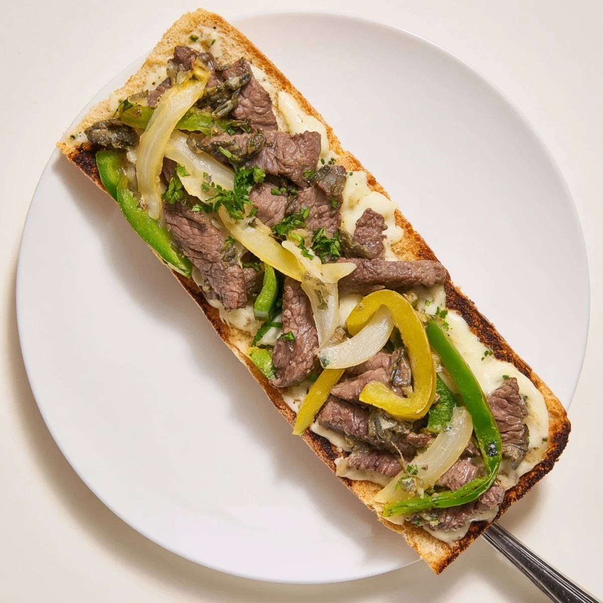 Philly Cheesesteak Garlic Bread with sizzling ribeye, melted provolone, and caramelized onions.