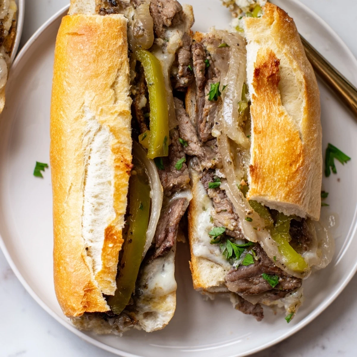 Warm Philly Cheesesteak Garlic Bread sliced on parchment, garlic butter glossed.