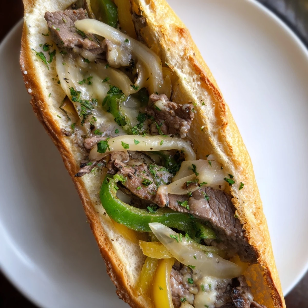 Serve Philly Cheesesteak Garlic Bread hot, cheese bubbling, peppers and onions vibrant.