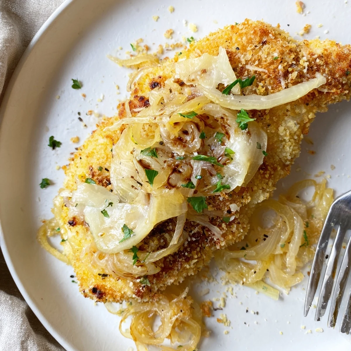 Warm Crispy Chicken Caramelized Onions Melted Cheese atop a fresh green salad