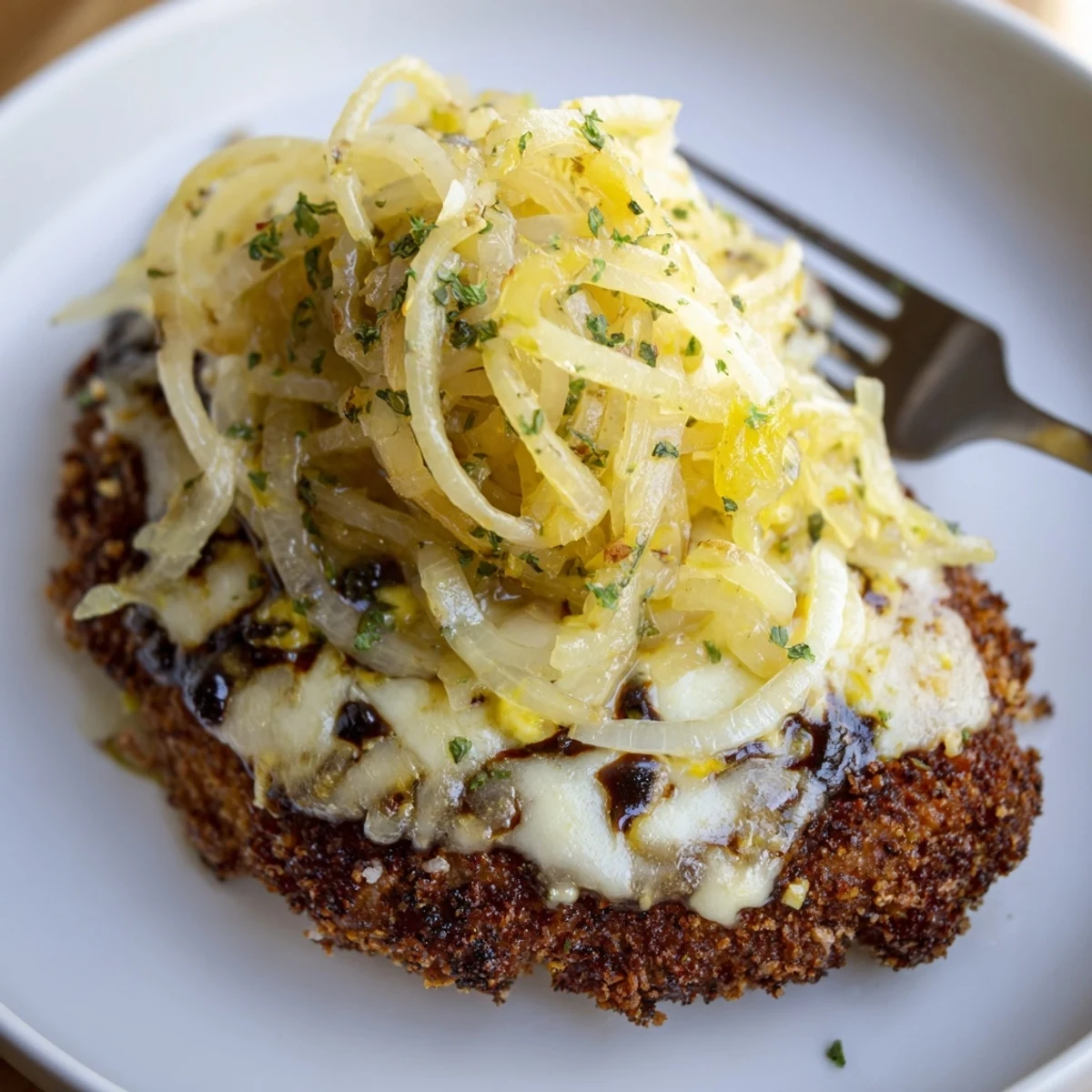 Crispy Chicken Caramelized Onions Melted Cheese served hot, bubbling over golden crust