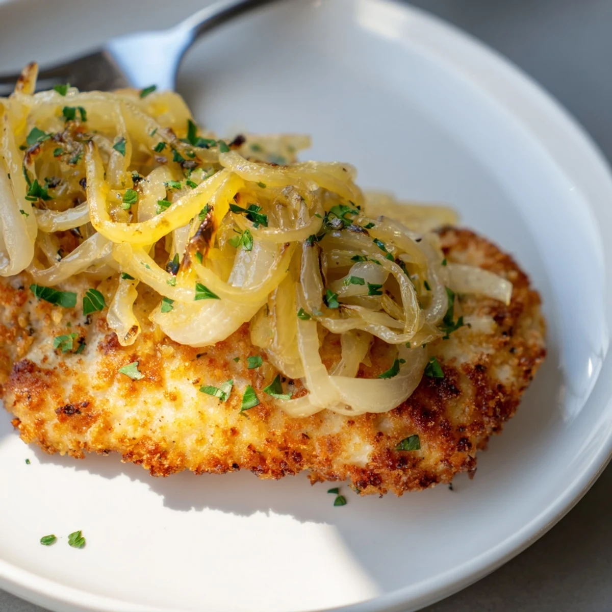 Oven-baked Crispy Chicken Caramelized Onions Melted Cheese with gooey cheese pull