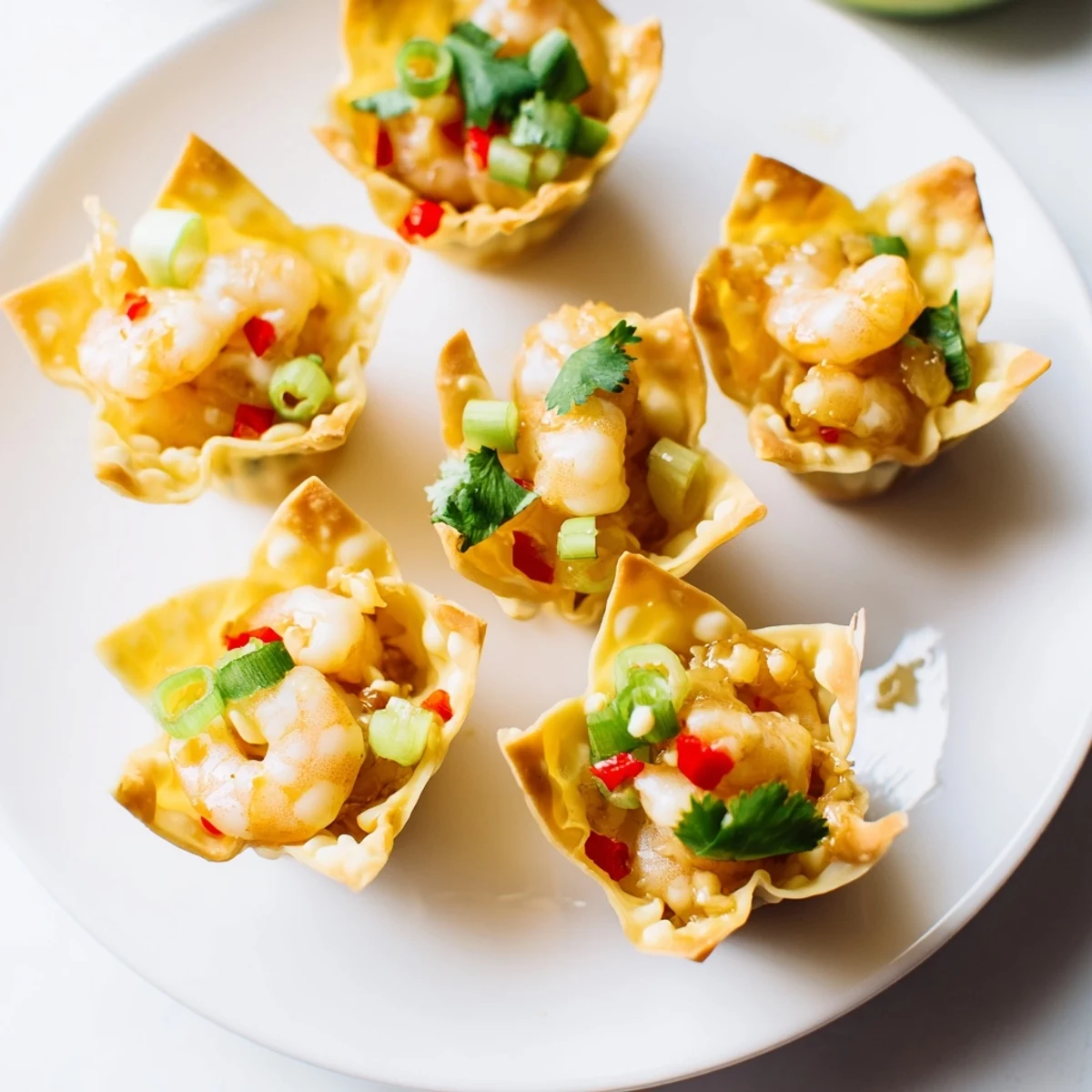 Crispy Shrimp Wonton Cups With Lime Cream, golden shells topped with bright cilantro