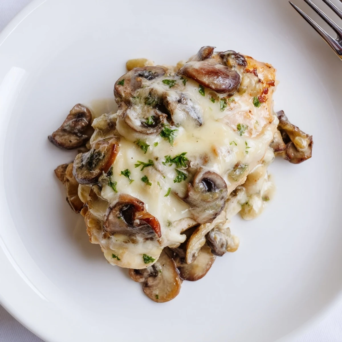 Family-style Cheesy Chicken Mushroom Bake served over mashed potatoes, parsley garnish
