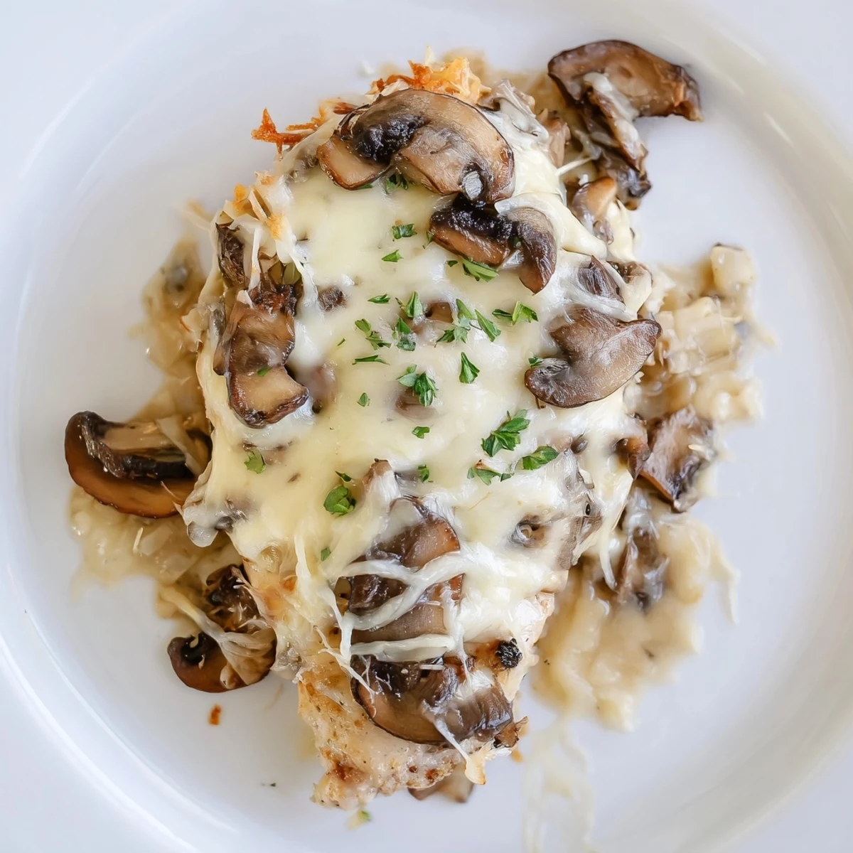 Cheesy Chicken Mushroom Bake fresh from oven, bubbling golden cheese and herbs