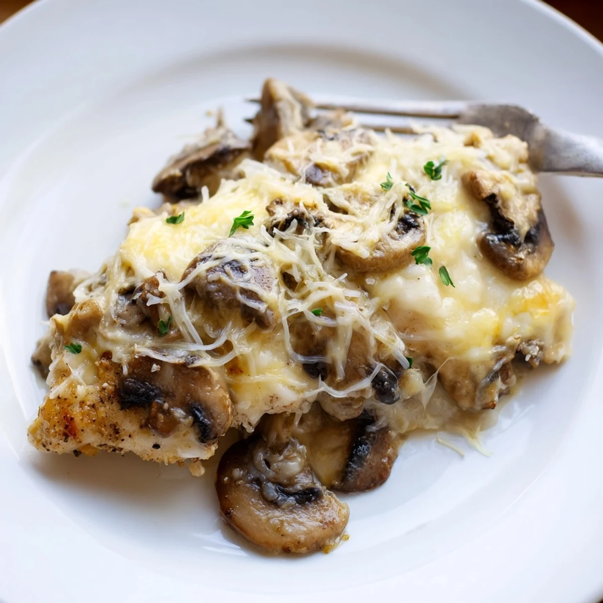 Creamy Cheesy Chicken Mushroom Bake with tender chicken, sauteed mushrooms, melted mozzarella