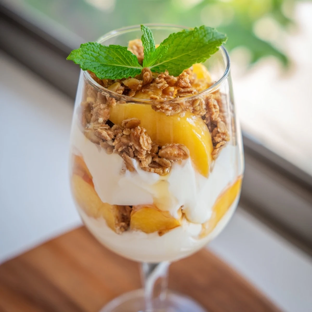 Glass of sweet peach yogurt parfait delight topped with golden granola and juicy peach slices
