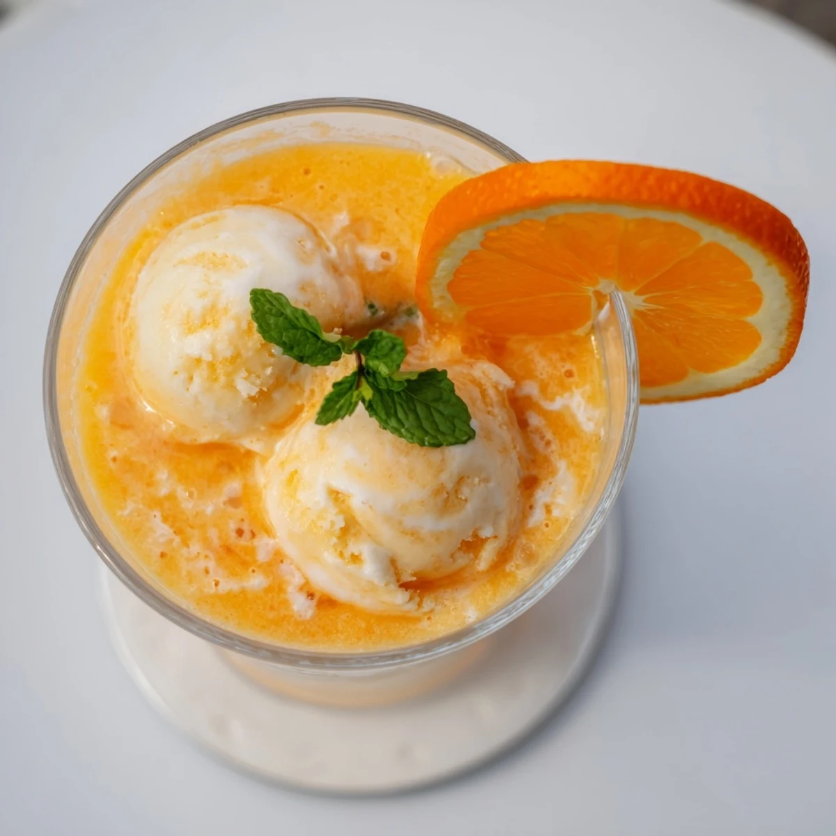 Frosty glass of sun kissed frozen orange cream slush garnished with fresh orange slice on a sunny patio