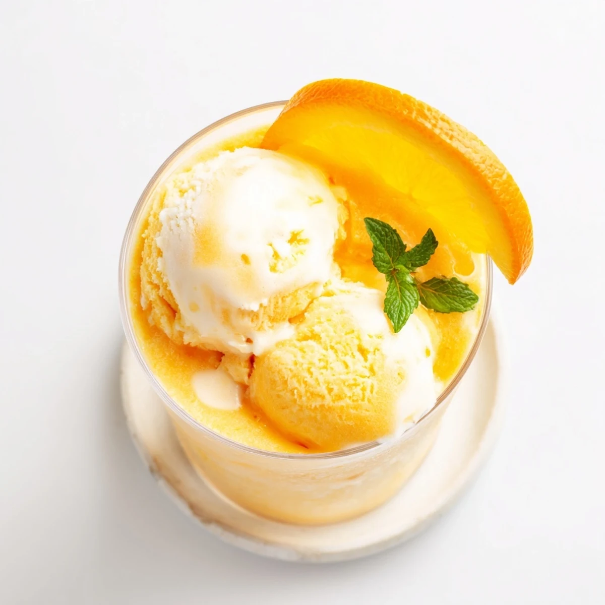 Creamy orange slush with vanilla ice cream blended until thick and smooth, topped with mint sprig
