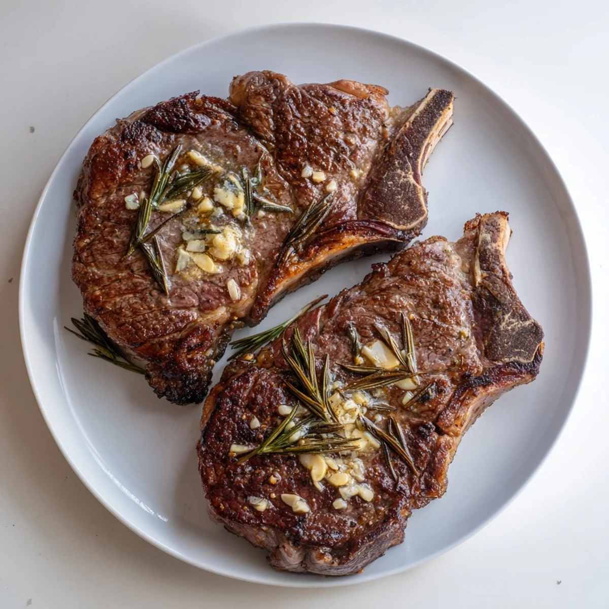 Sizzling ribeye steak basted with aromatic garlic butter and fresh rosemary in a cast iron skillet