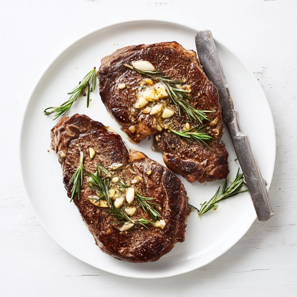 Golden pan-seared garlic butter steak resting on a white plate with melted butter pooling