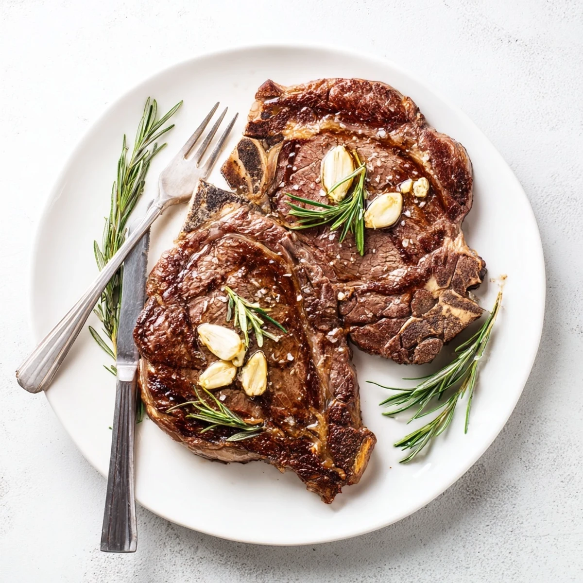 Juicy medium-rare garlic butter steak with a rich brown crust and golden herb-infused butter topping